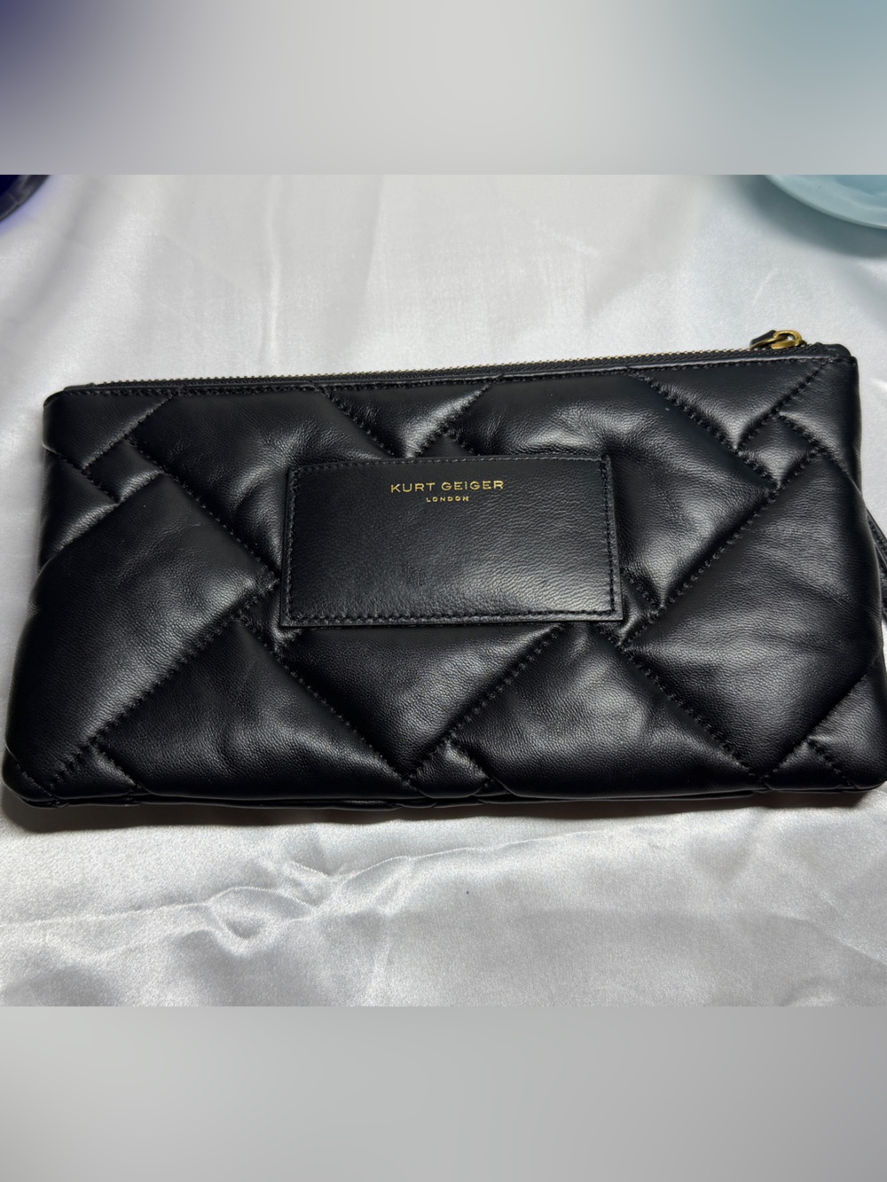 Kurt Geiger Black Quilted Leather Wristlet Clutch with Gold Rhinestone Eagle EUC - Picture 2 of 4